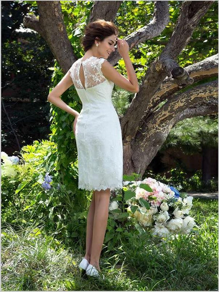 Princess Satin Applique Sleeveless Wedding Dresses,Sheer Neck Short Wedding Dresses
