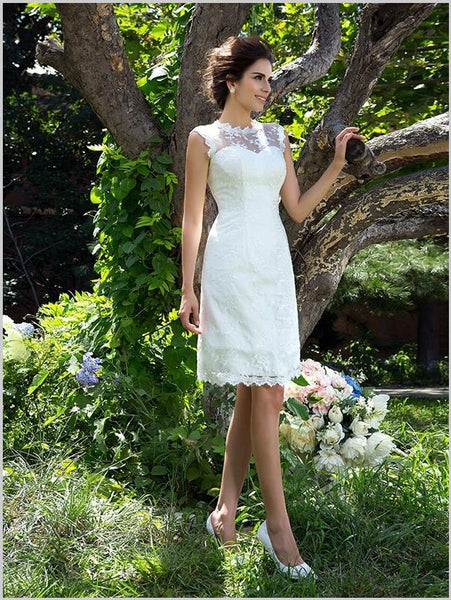 Princess Satin Applique Sleeveless Wedding Dresses,Sheer Neck Short Wedding Dresses