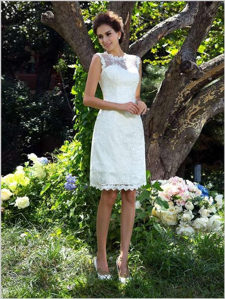 Princess Satin Applique Sleeveless Wedding Dresses,Sheer Neck Short Wedding Dresses