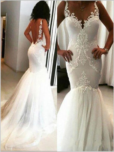 Mermaid Tulle Straps V-neck Wedding Dresses,Chapel Train Applique Wedding Dresses