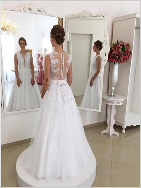 Princess Tulle V-neck Wedding Dresses,Applique Brush Train Wedding Dresses