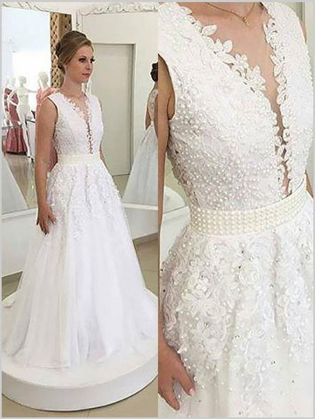 Princess Tulle V-neck Wedding Dresses,Applique Brush Train Wedding Dresses
