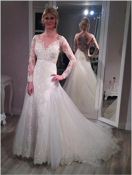 Princess Sequin Tulle V-neck Long Sleeves Brush Wedding Dresses