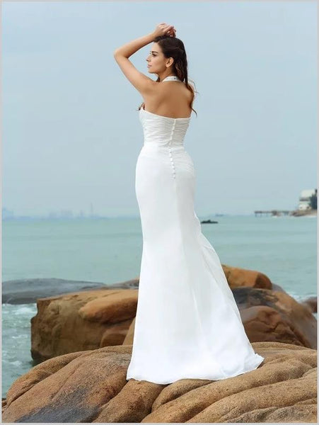 Sheath Chiffon Halter Wedding Dresses,Pleats Sleeveless Wedding Dresses