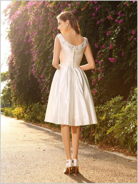 Princess Satin V-neck Sleeveless Short Wedding Dresses With Beading