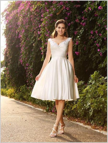 Princess Satin V-neck Sleeveless Short Wedding Dresses With Beading
