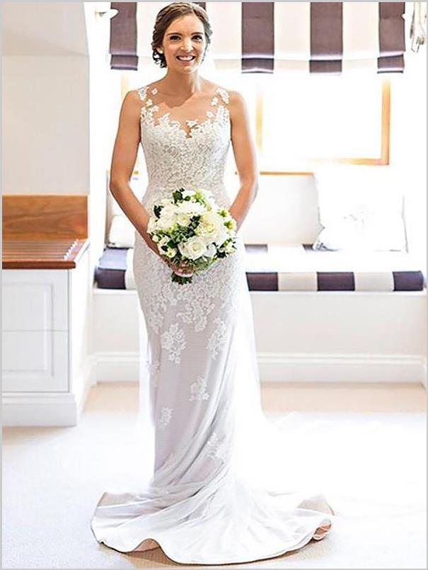 Sheath Lace Train Scoop Applique Court Wedding Dresses