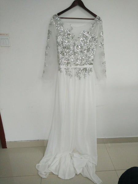 Beading White Prom Dresses,Long Sleeve Prom Dress,Evening Dress