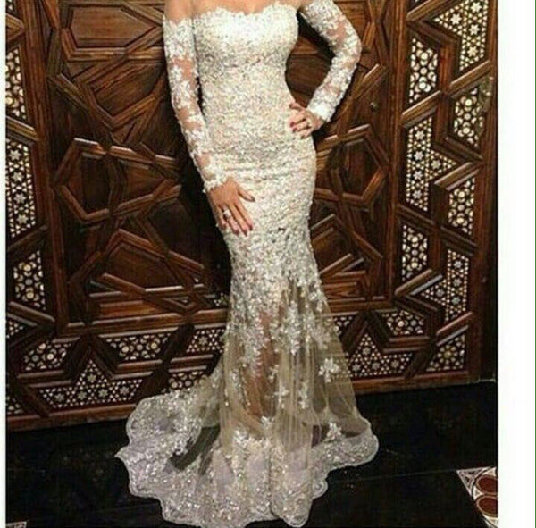 Lace White Prom Dresses,Long Sleeve Prom Dresses,Evening Dress